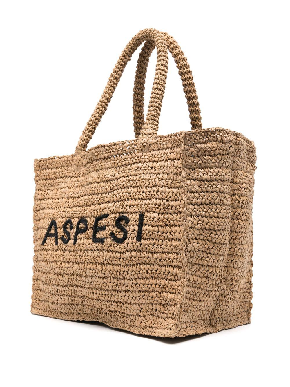 ASPESI Borsa shopping in rafia con scritta ricamata 