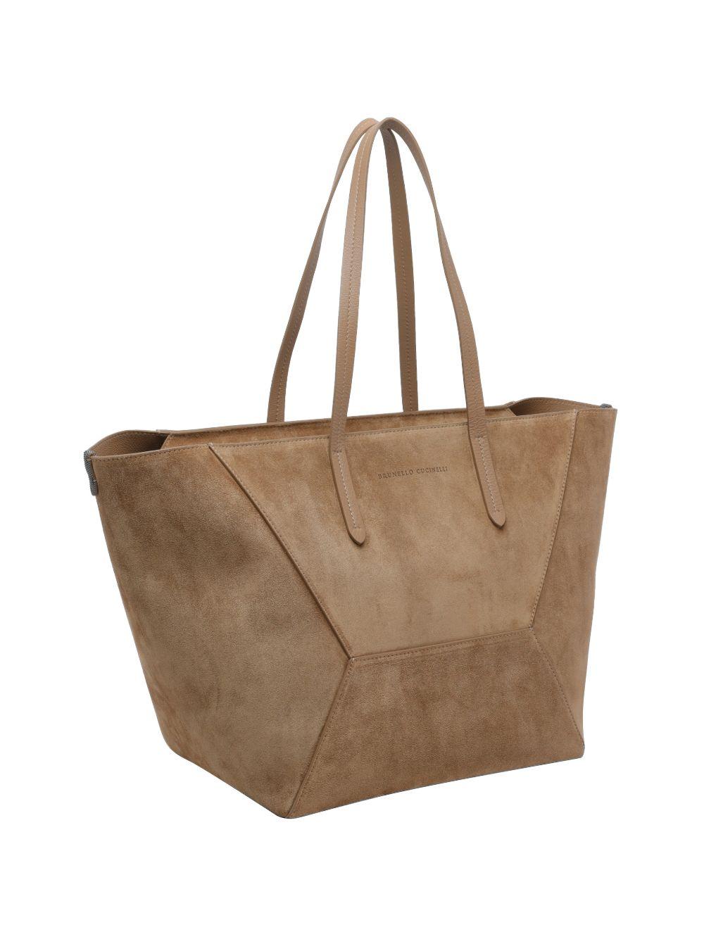 BRUNELLO CUCINELLI Borsa shopping in pelle di vitello scamosciata marrone chiaro 