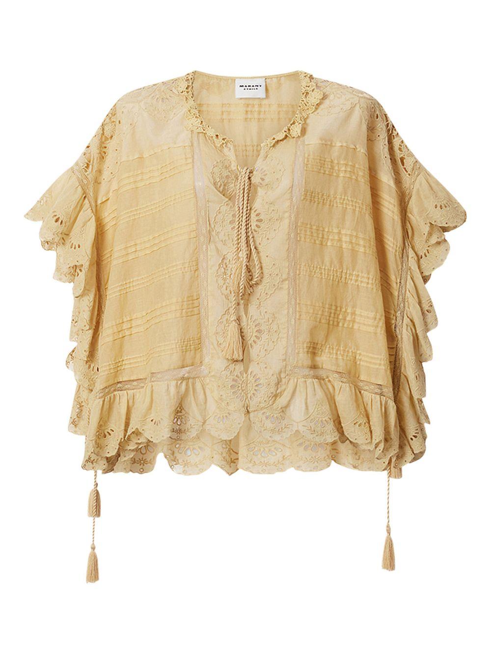MARANT ETOILE Top Payton in stile caftano in cotone e pizzo floreale giallo 