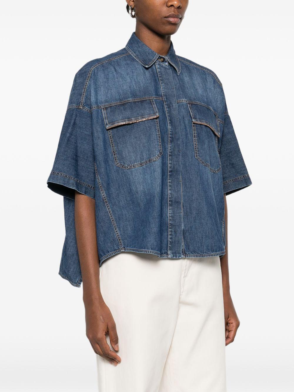 BRUNELLO CUCINELLI Camicia in denim blu scuro a maniche corte 