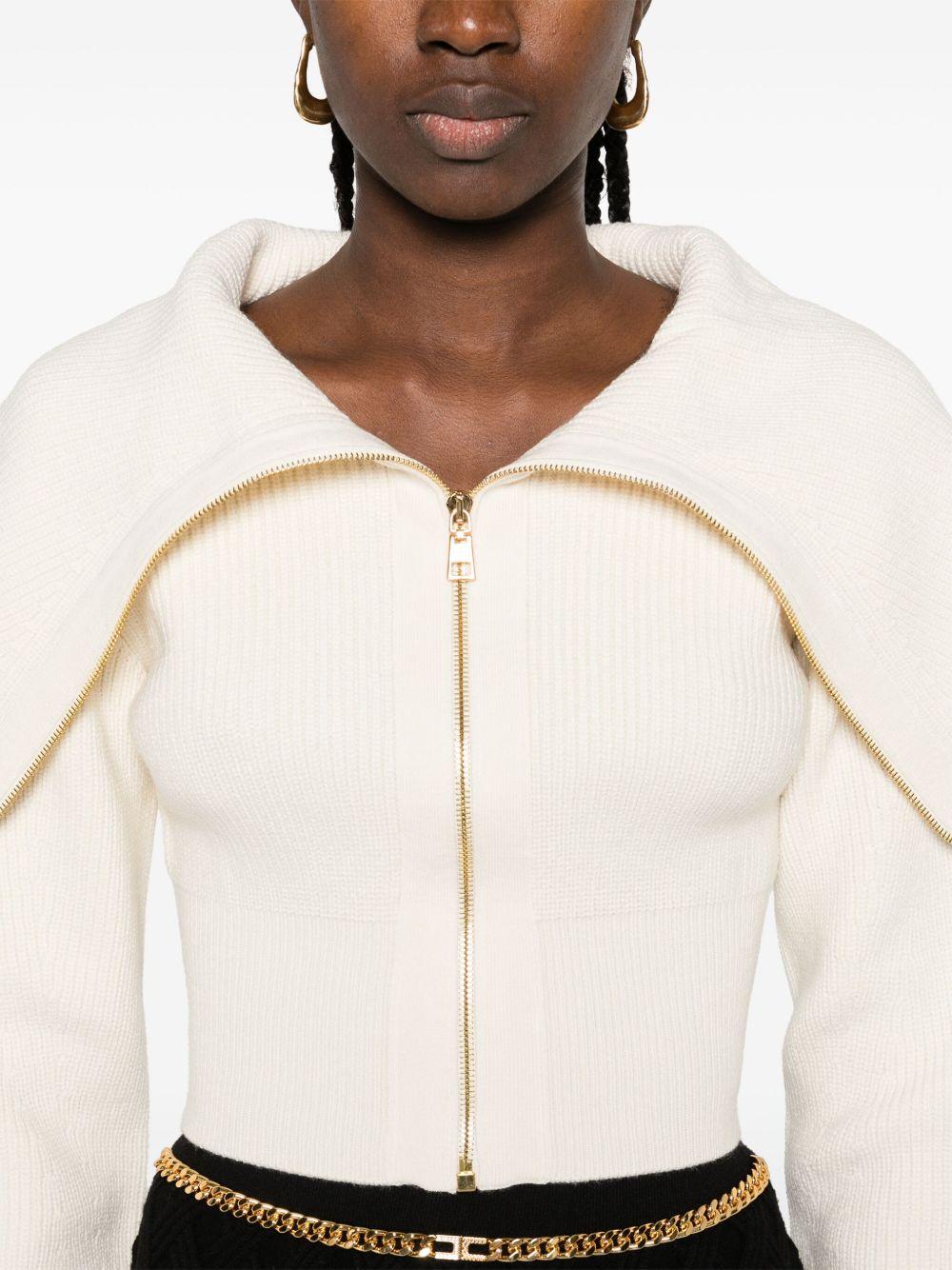 ELISABETTA FRANCHI Maglia cardigan con collo a bavero in lana panna 