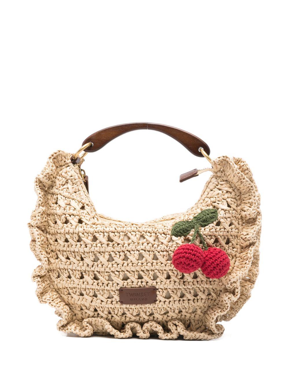 TWINSET Borsa a mano in filato di carta beige con ruches e dettaglio ciliegie 