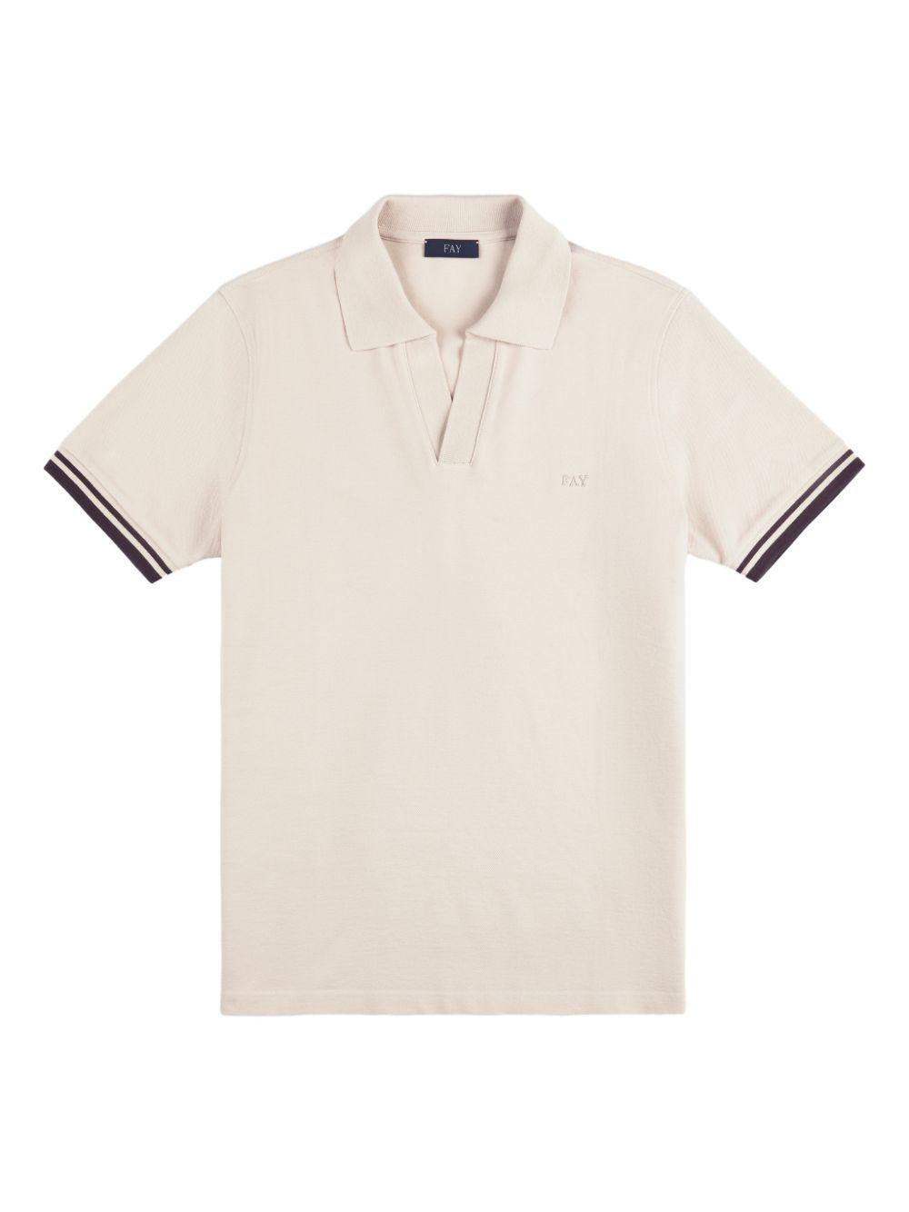 FAY Polo in cotone beige a righe con scollo a V 