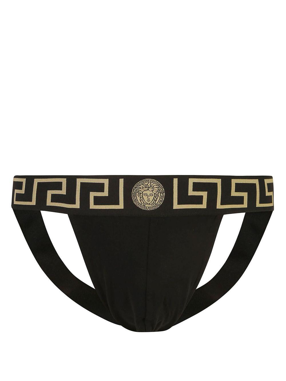 VERSACE Sospensorio beige mandorla/nero con bordo Greca 