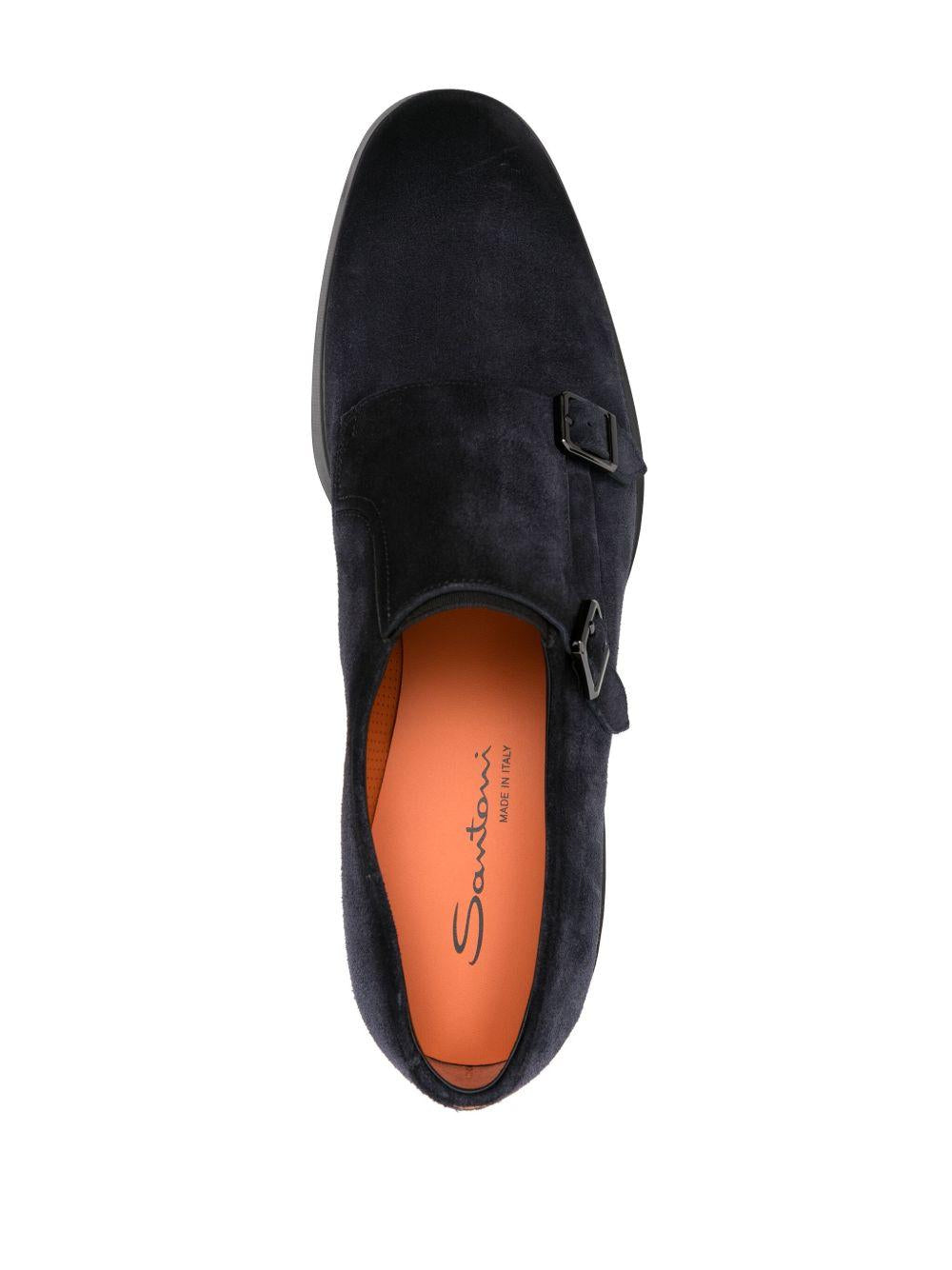 SANTONI Mocassini in suede blu con fibie 