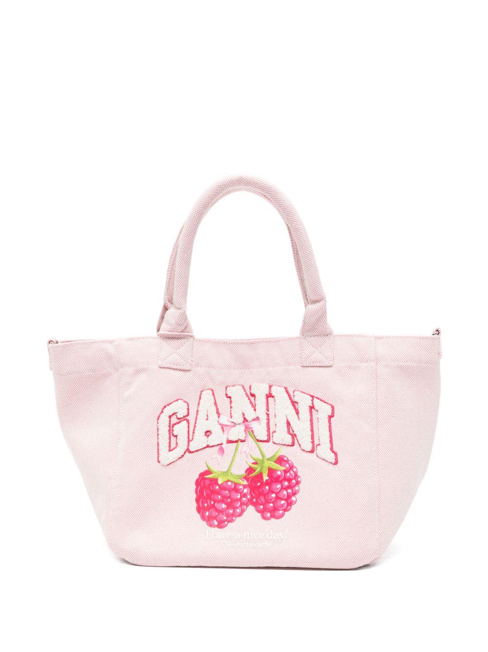 GANNI Borsa shopping rosa con logo e illustrazione grafica 