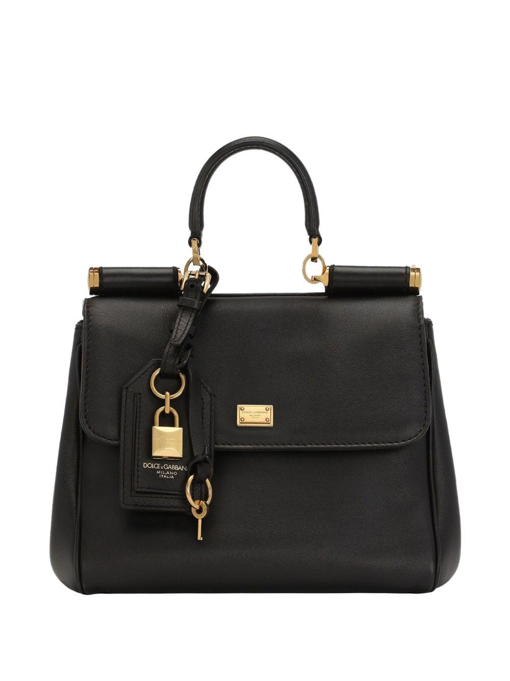 DOLCE e GABBANA Borsa a mano Sicily in pelle nera con dettagli oro 