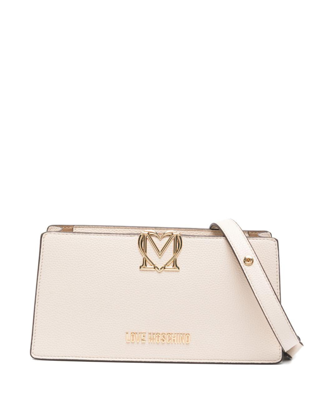 LOVE MOSCHINO Borsa a spalla avorio in ecopelle con placca logo dorato 