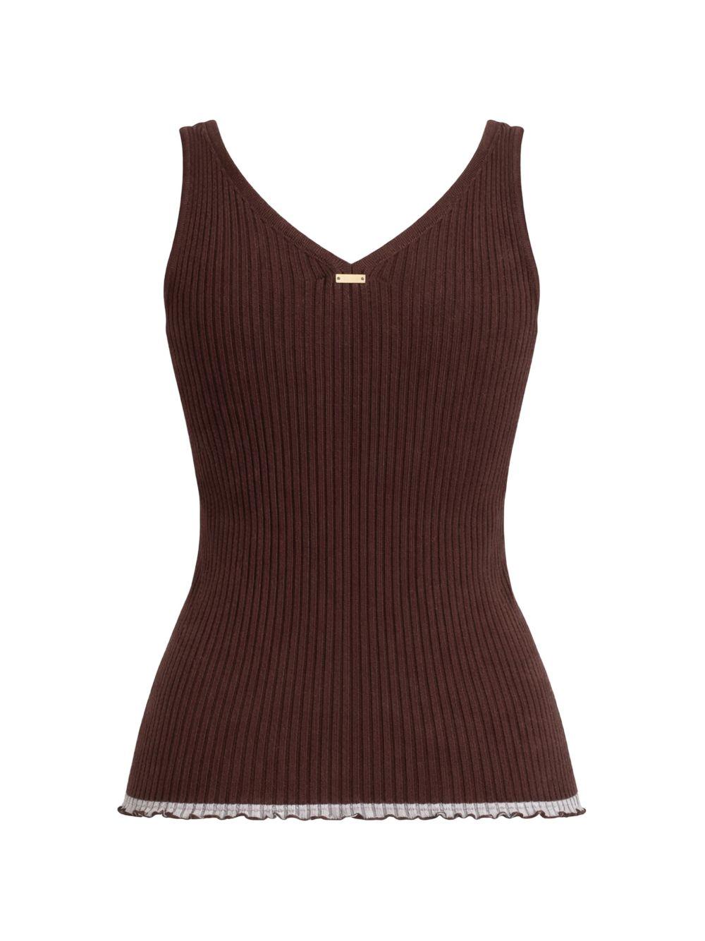 TWINSET Top a costine in cotone marrone con scollo a V 