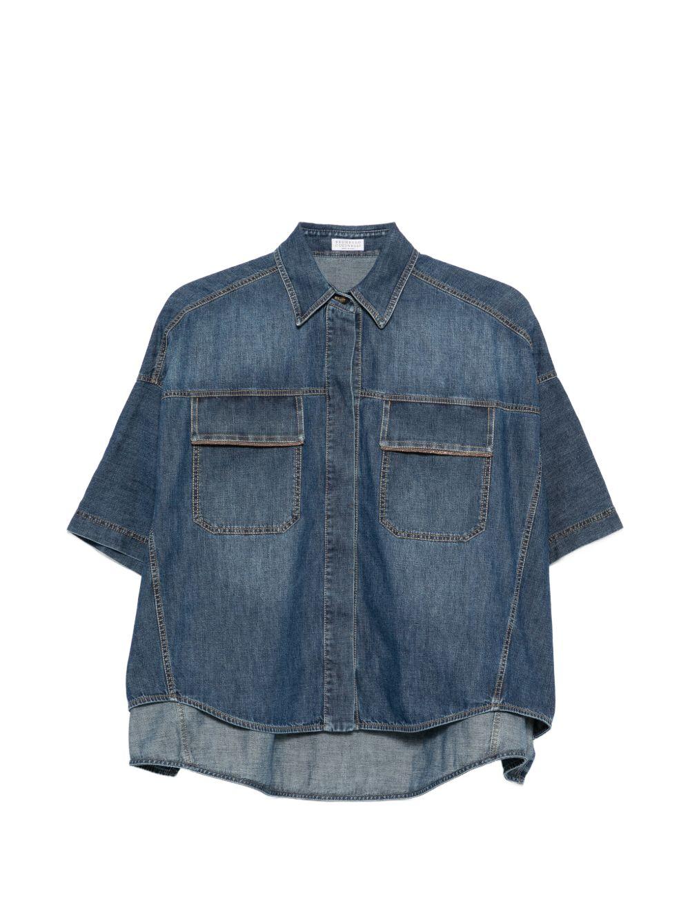 BRUNELLO CUCINELLI Camicia in denim blu scuro a maniche corte 