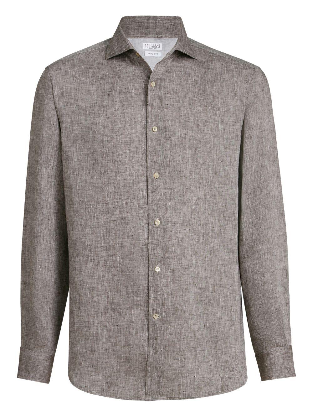 BRUNELLO CUCINELLI Camicia marrone nocciola in lino con chiusura a bottoni 