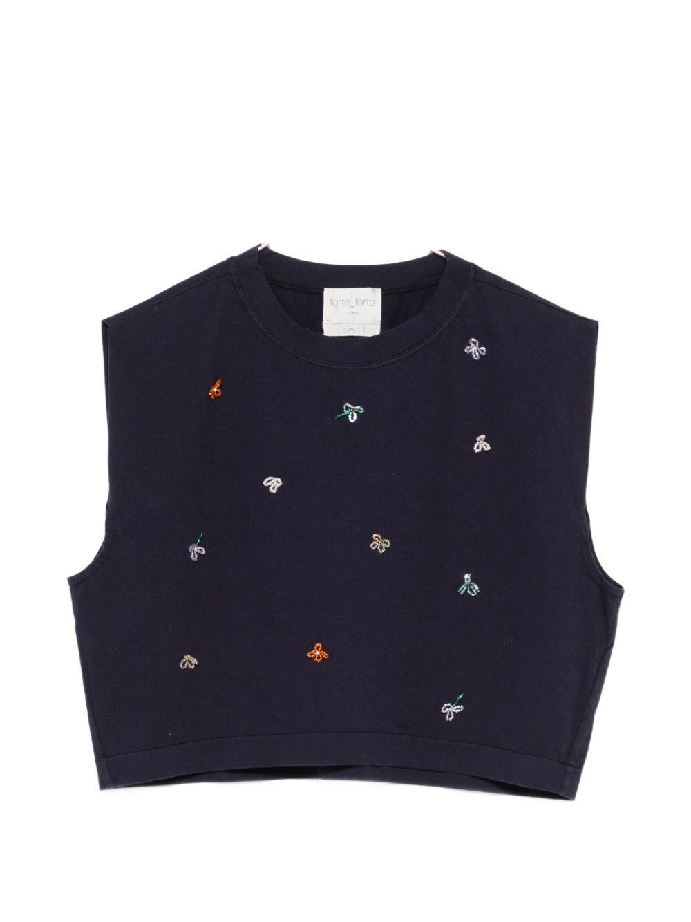 FORTE FORTE Top di cotone blu con ricami senza maniche 