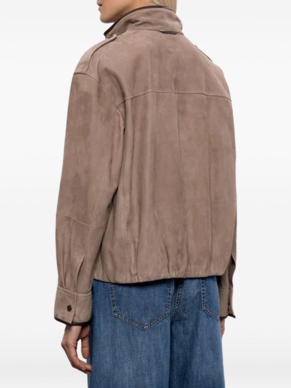 BRUNELLO CUCINELLI Giacca in suede marrone con spalline e tasche 