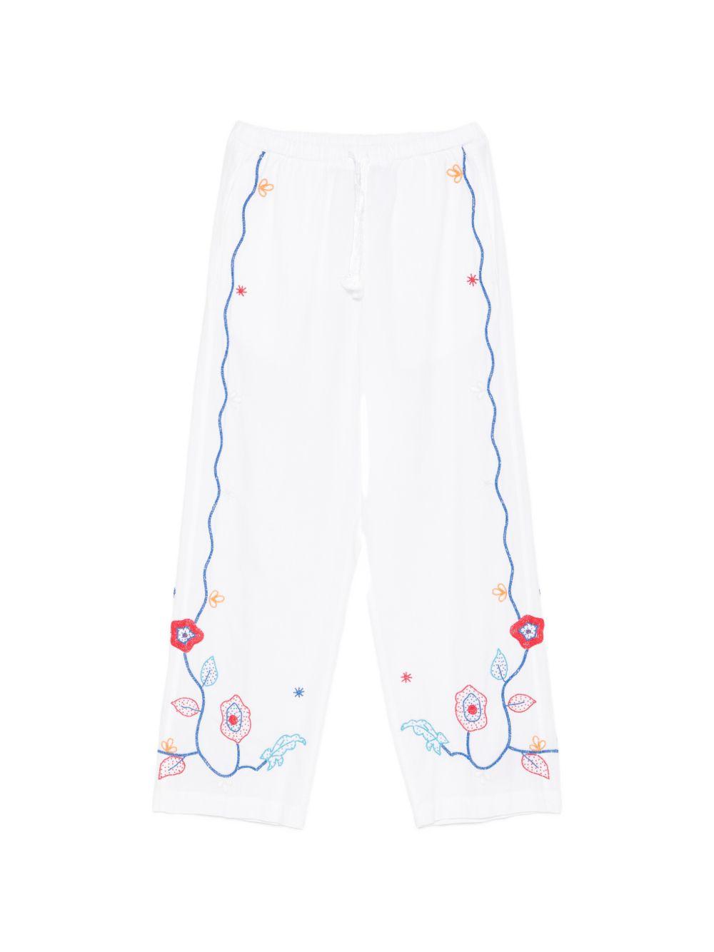 FORTE FORTE Pantaloni in cotone bianco con ricami floreali colorati 