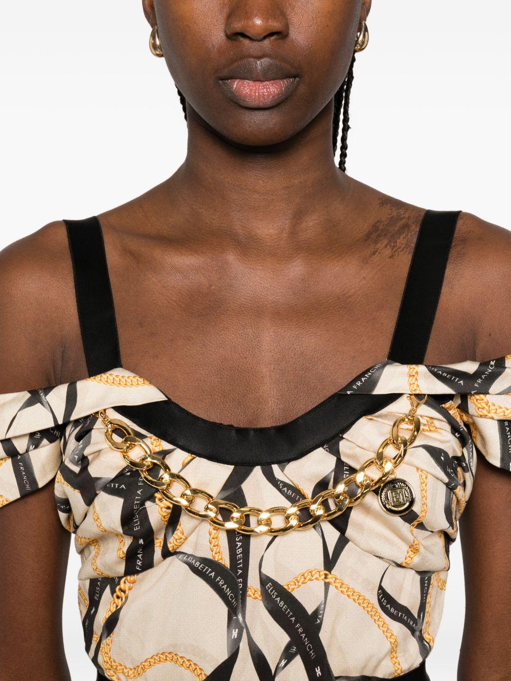 ELISABETTA FRANCHI Abito midi stampato con volant in cotone beige 