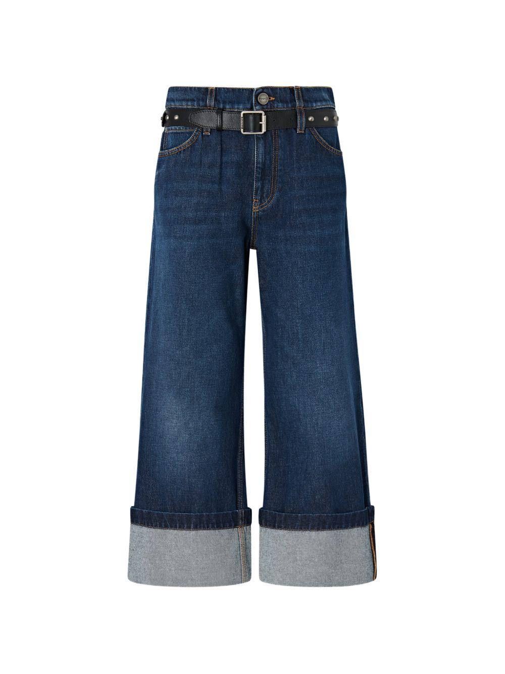 PINKO Jeans lunghi Cyntia in cotone blu con risvolto e cintura 