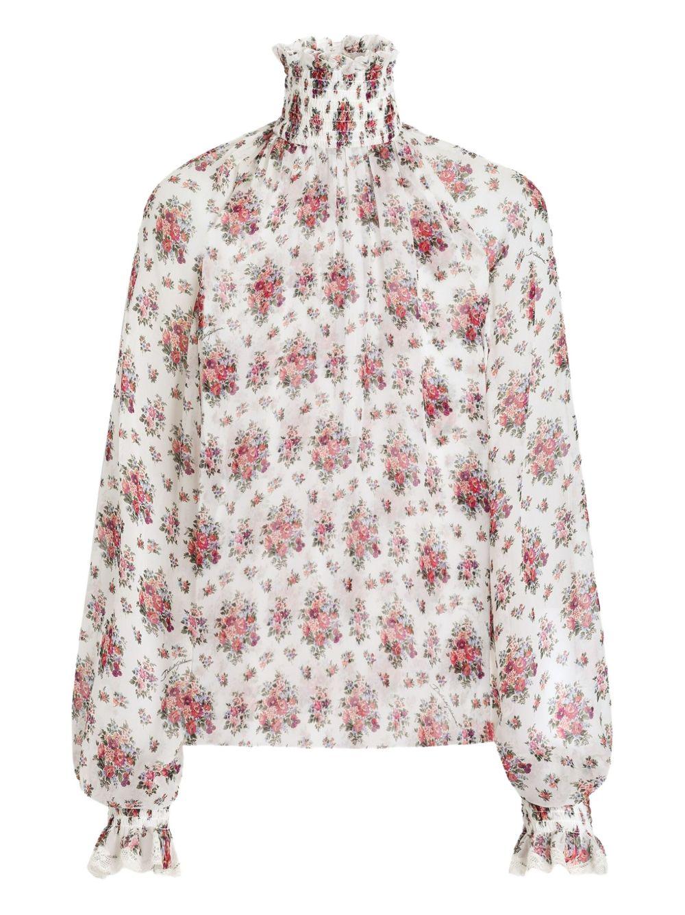 DOLCE e GABBANA Blusa in cotone bianco con stampa floreale e collo alto 