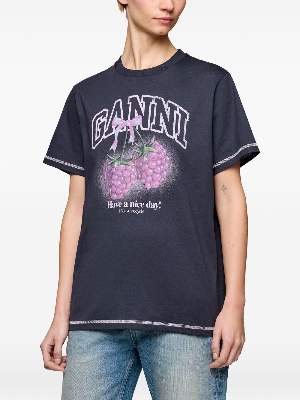GANNI T-shirt in cotone blu con stampa 