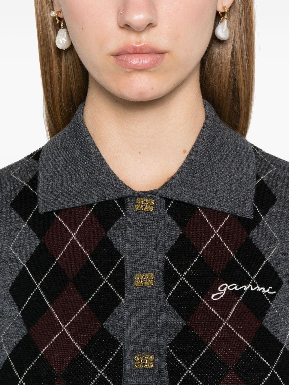 GANNI Polo a maniche lunghe in lana merino con intarsio a rombi 