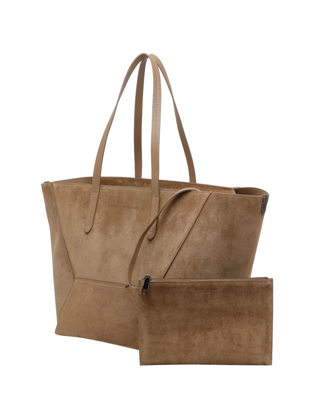 BRUNELLO CUCINELLI Borsa shopping in pelle di vitello scamosciata marrone chiaro 