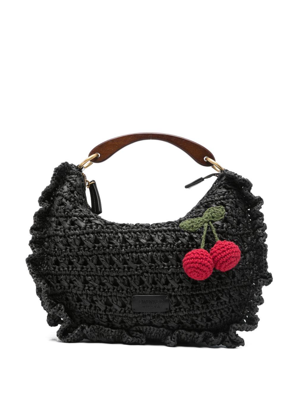 TWINSET Borsa a mano in filato di carta nera con ruches e dettaglio ciliegie 