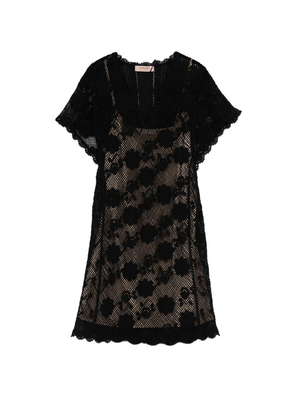 TWINSET Abito corto nero in pizzo con sottoveste 