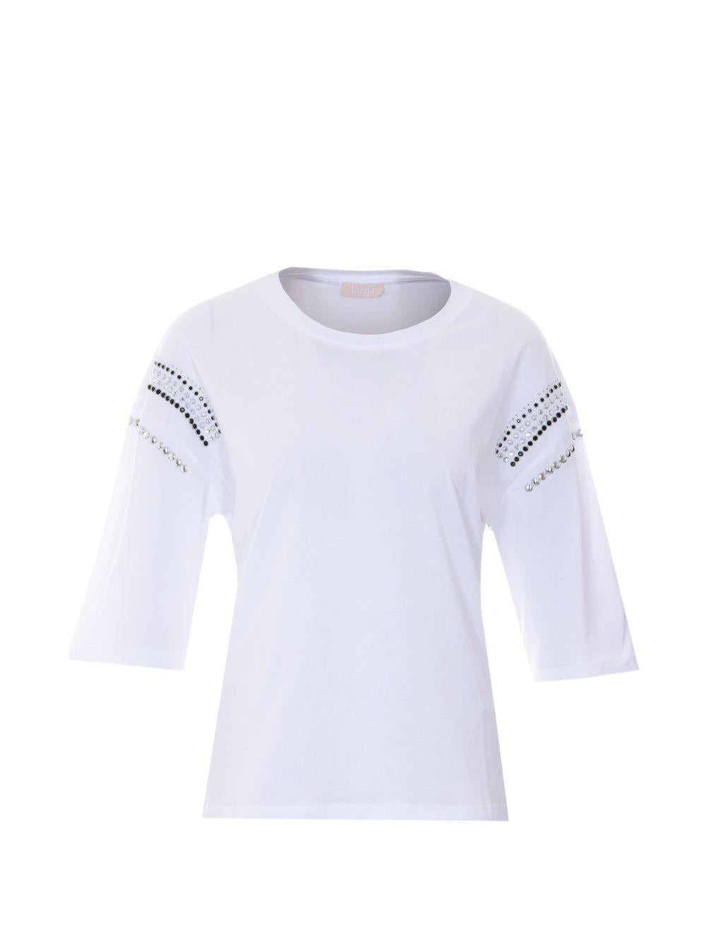 LIUJO T-shirt bianca con borchiette e maniche a 3/4 