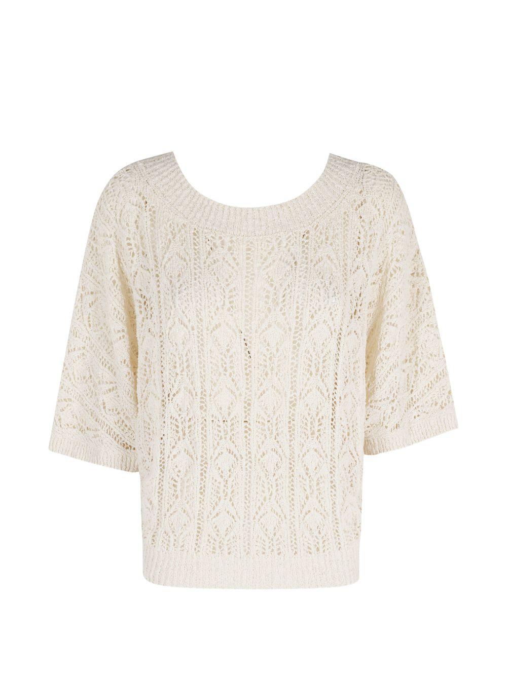SEMICOUTURE Maglia girocollo in crochet avorio con bottoni 