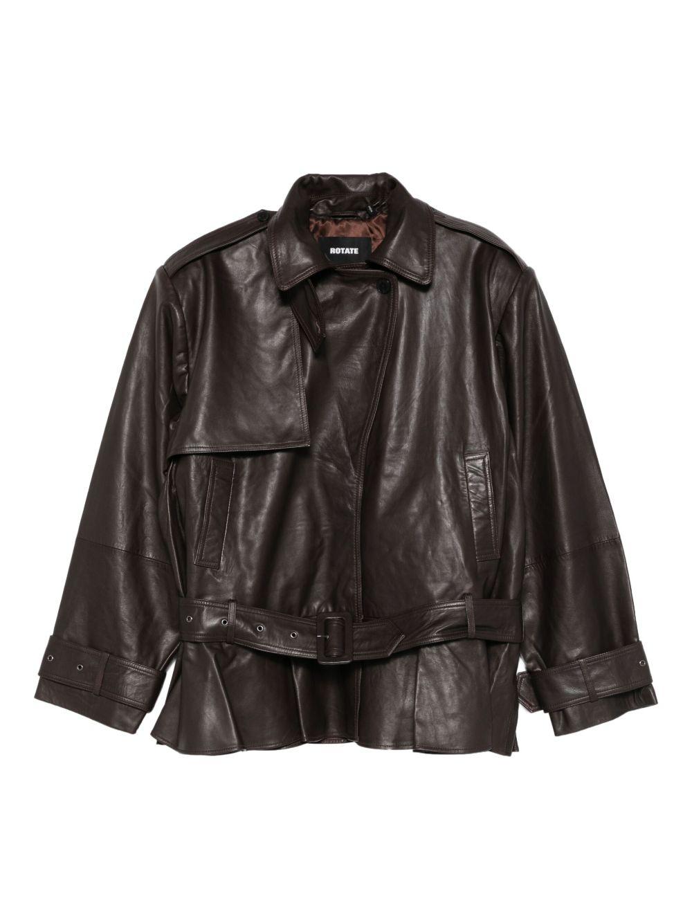 ROTATE Giacca biker in pelle di agnello marrone scuro con cintura 