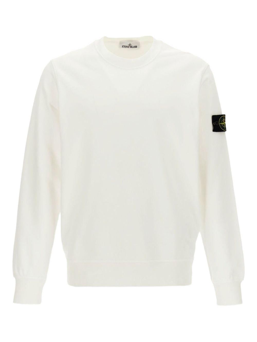 STONE ISLAND Felpa in cotone bianco girocollo con patch logo 