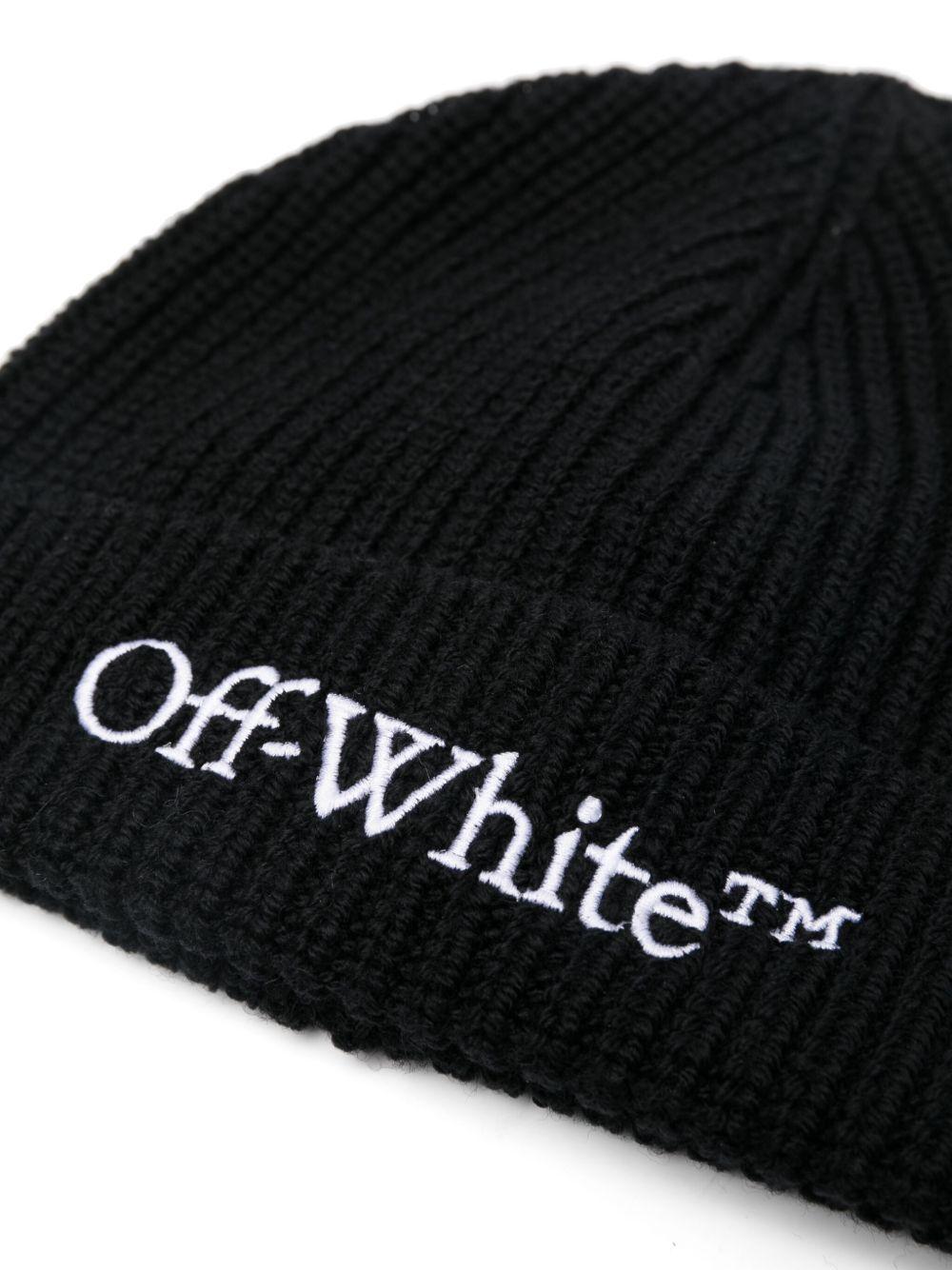 OFF WHITE Berretto in lana nera con logo bianco 