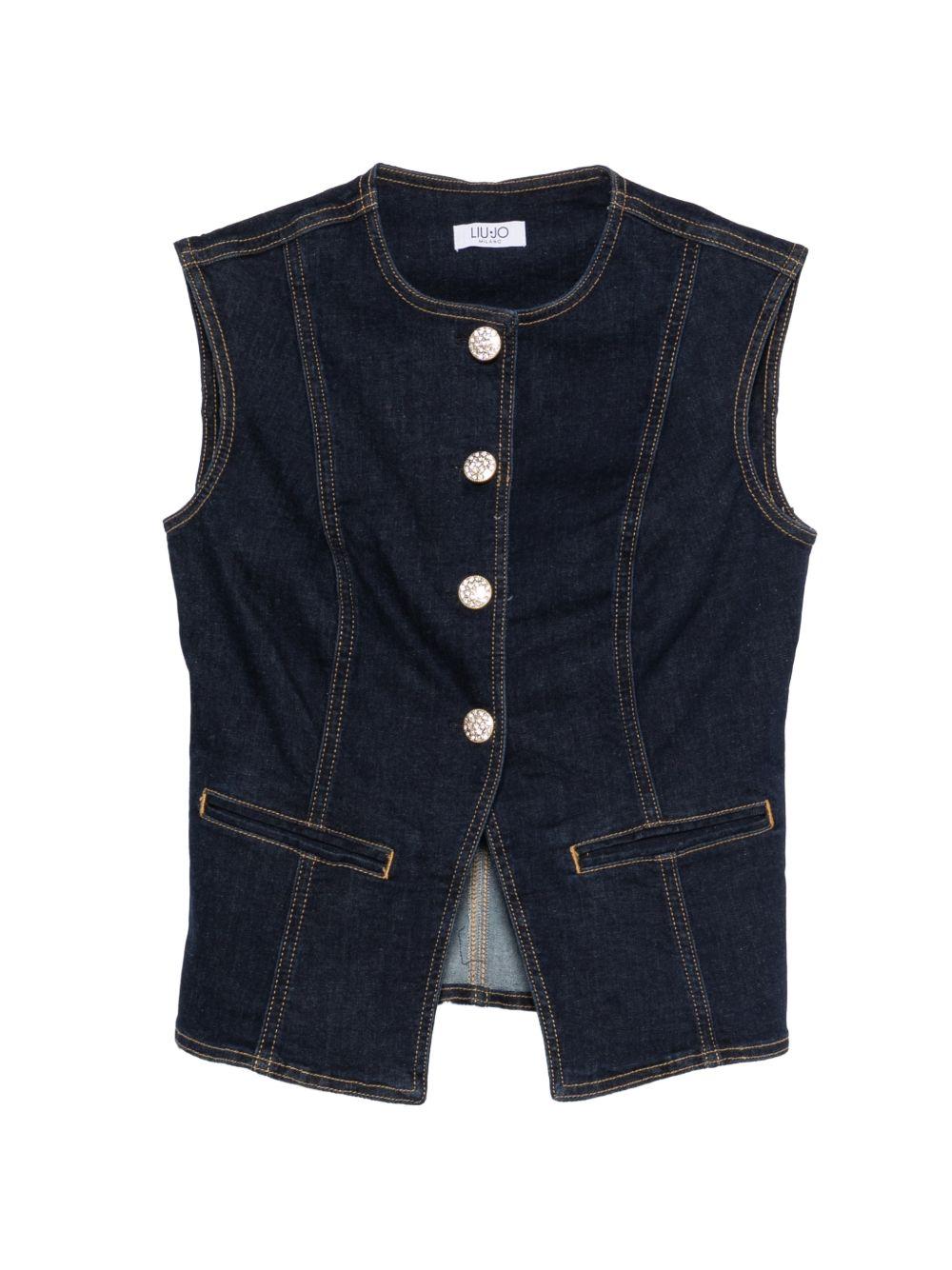 LIUJO Gilet nero di jeans con rifiniture in cuciture bianche 
