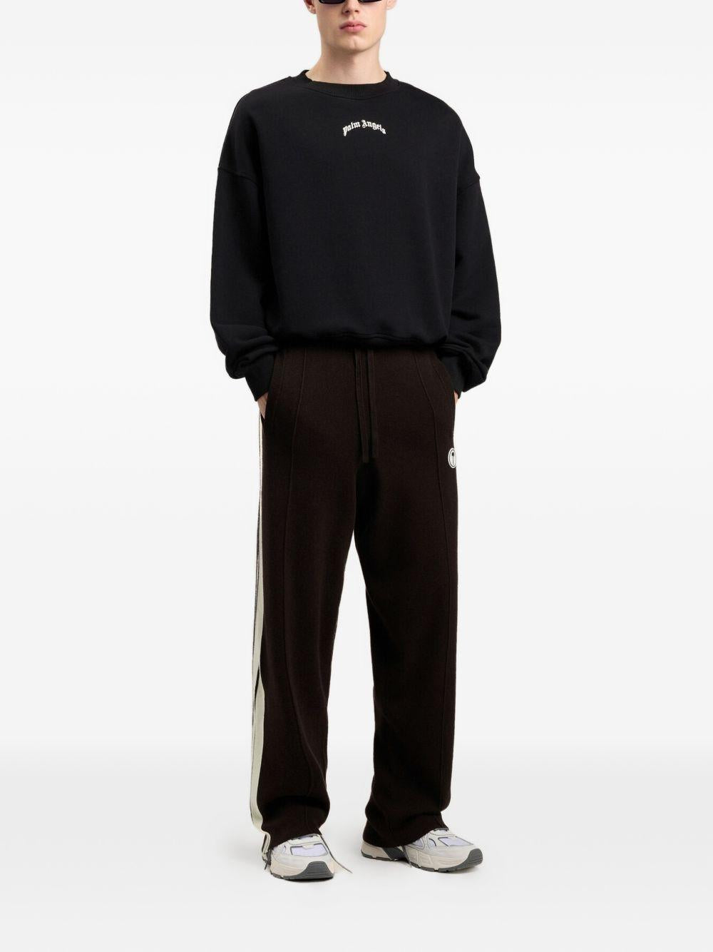 PALM ANGELS Felpa in cotone nero girocollo con logo bianco 