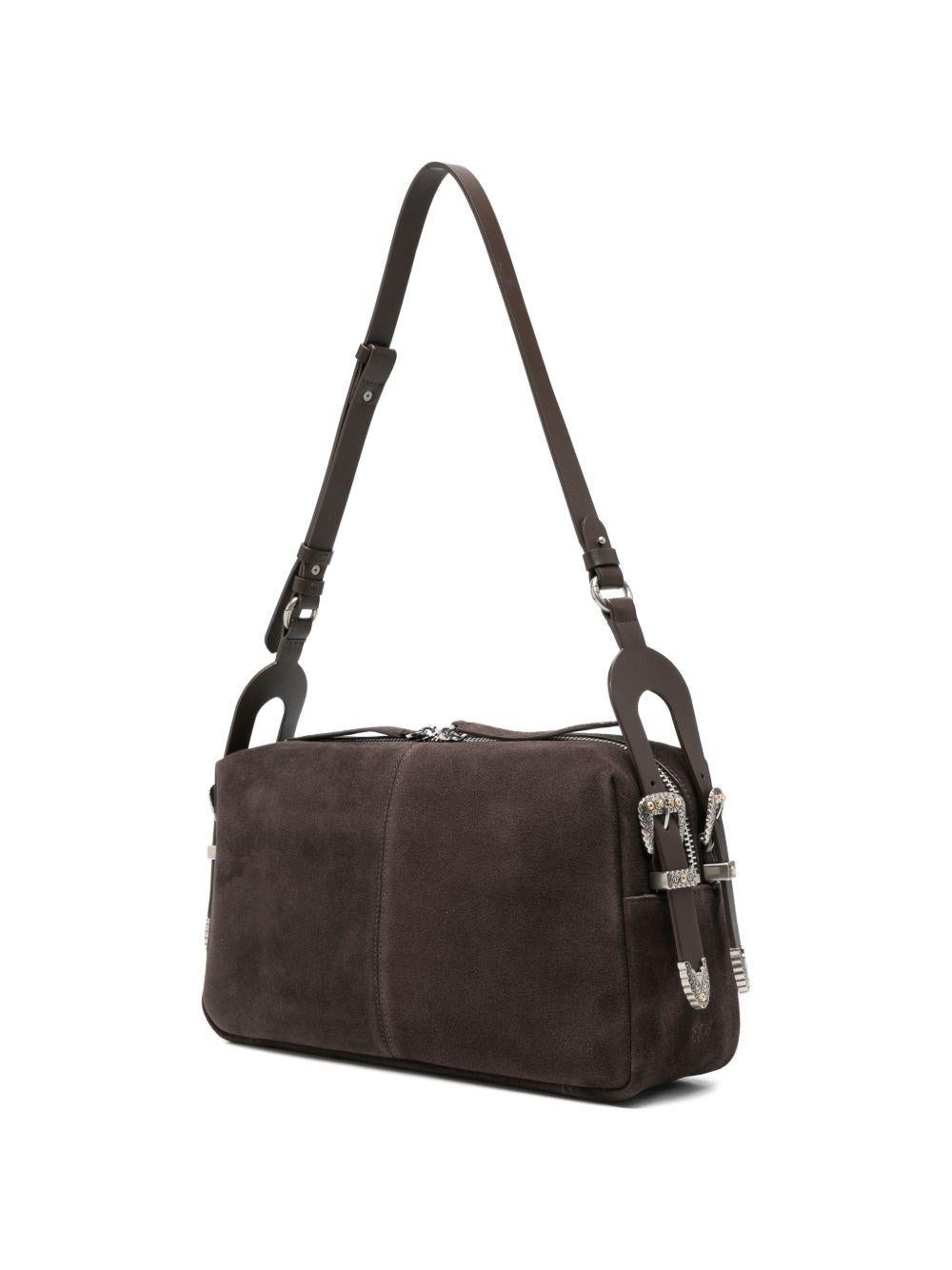 PINKO Borsa a spalla Classic Suede con logo marrone scuro 