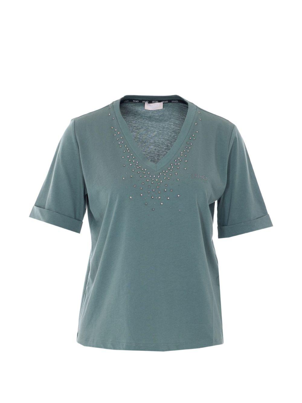 LIUJO T-shirt verde militare con scollo a V 