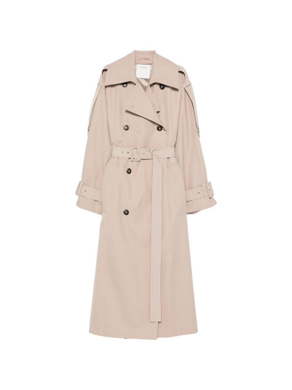 SPORTMAX Trench beige lungo a doppio petto con cintura in vita 