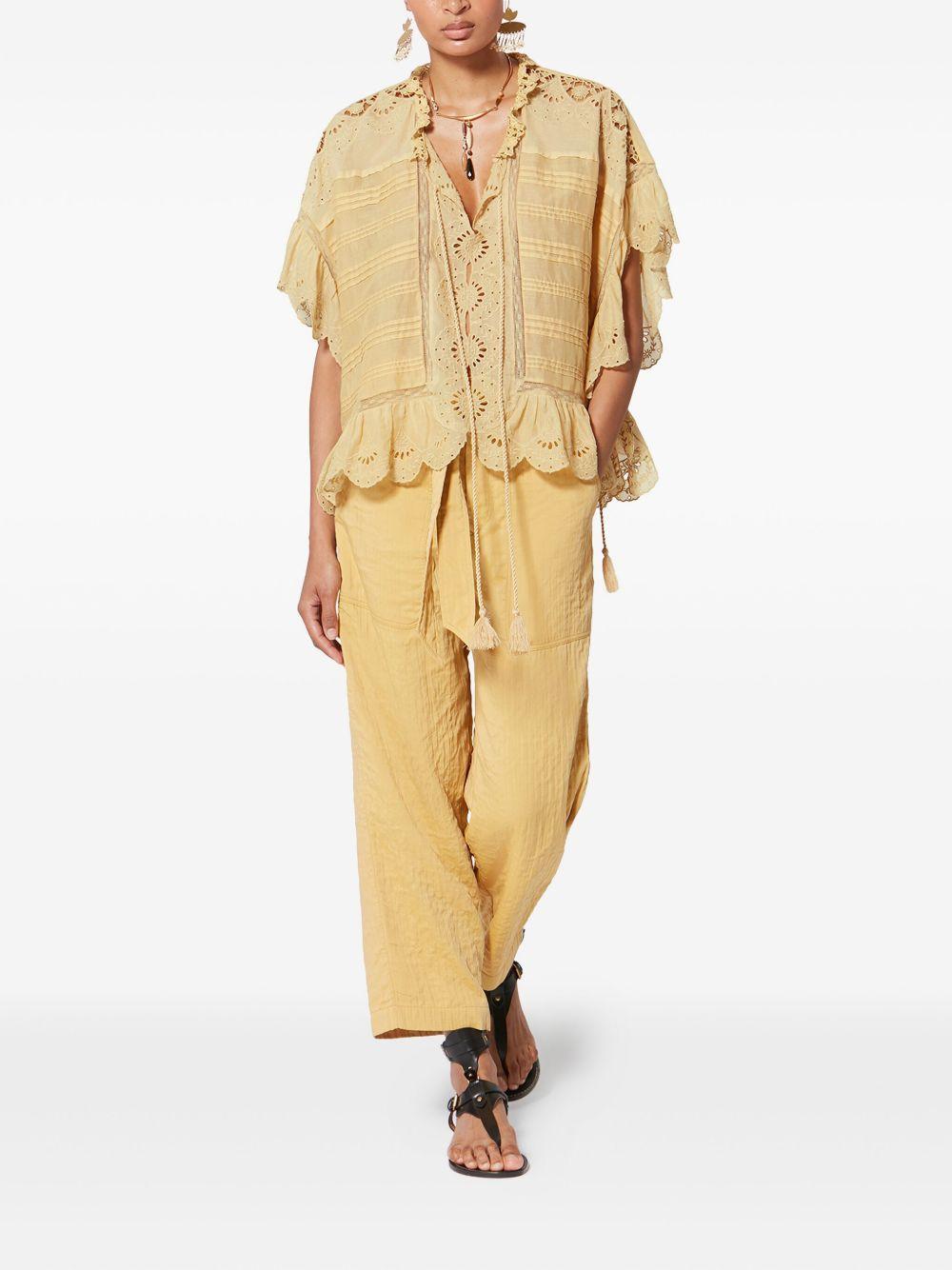 MARANT ETOILE Top Payton in stile caftano in cotone e pizzo floreale giallo 
