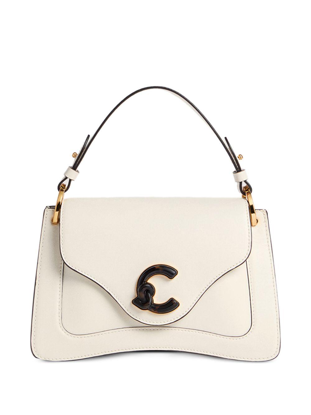 COCCINELLE Borsa a mano in pelle bianca con placca logo 