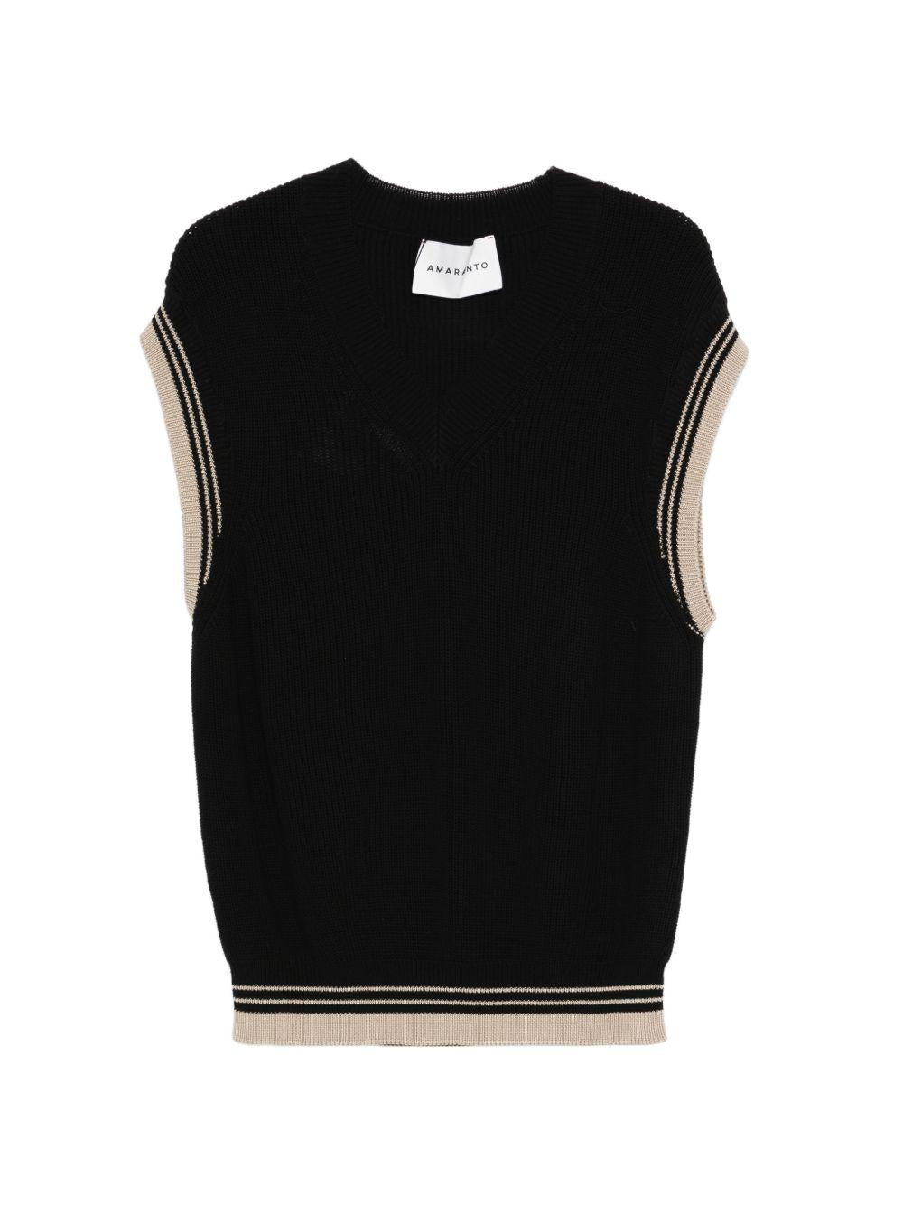 AMARANTO Gilet con scollo a V nero con bordi beige 