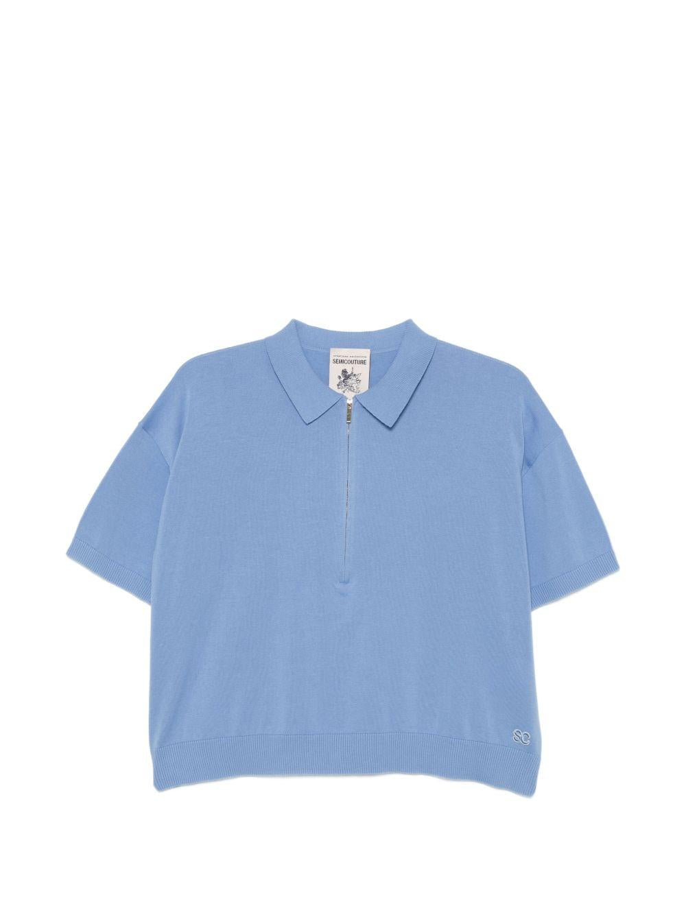 SEMICOUTURE Polo Ambre in cotone celeste con zip 