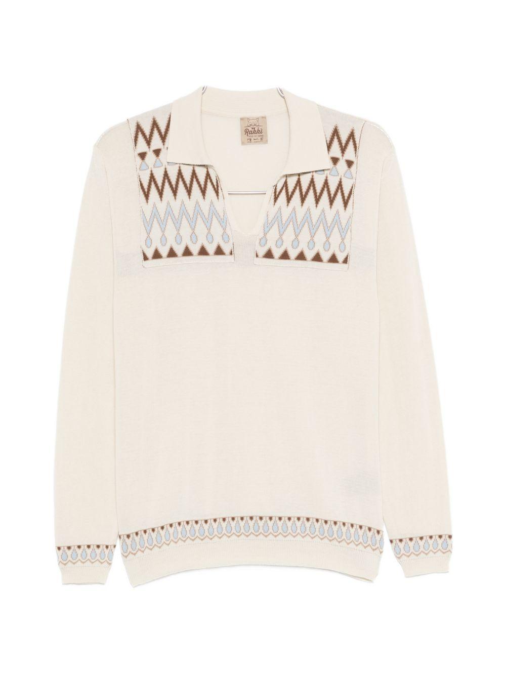 RAKKI Polo in cotone bianco con fantasia a maniche lunghe 