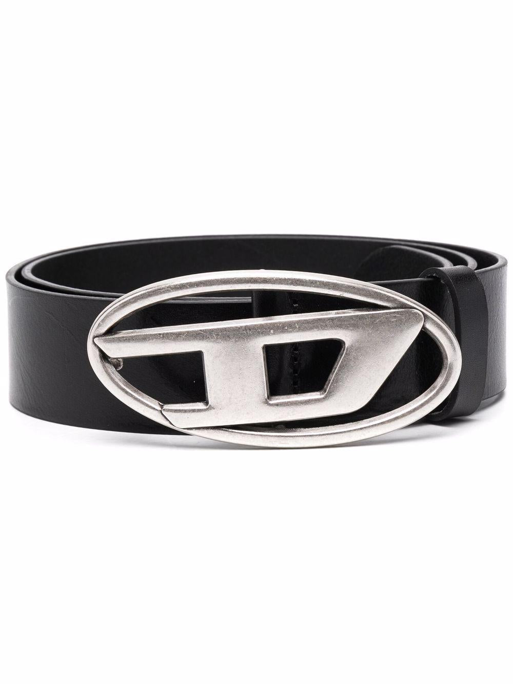 DIESEL Cintura in pelle nera con fibbia con logo 