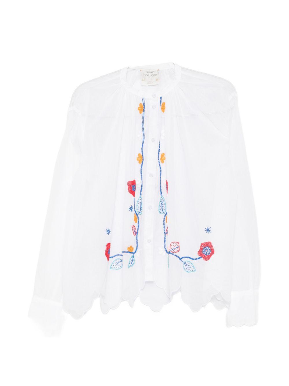 FORTE FORTE Camicia bianca in cotone con ricami floreali e trine 