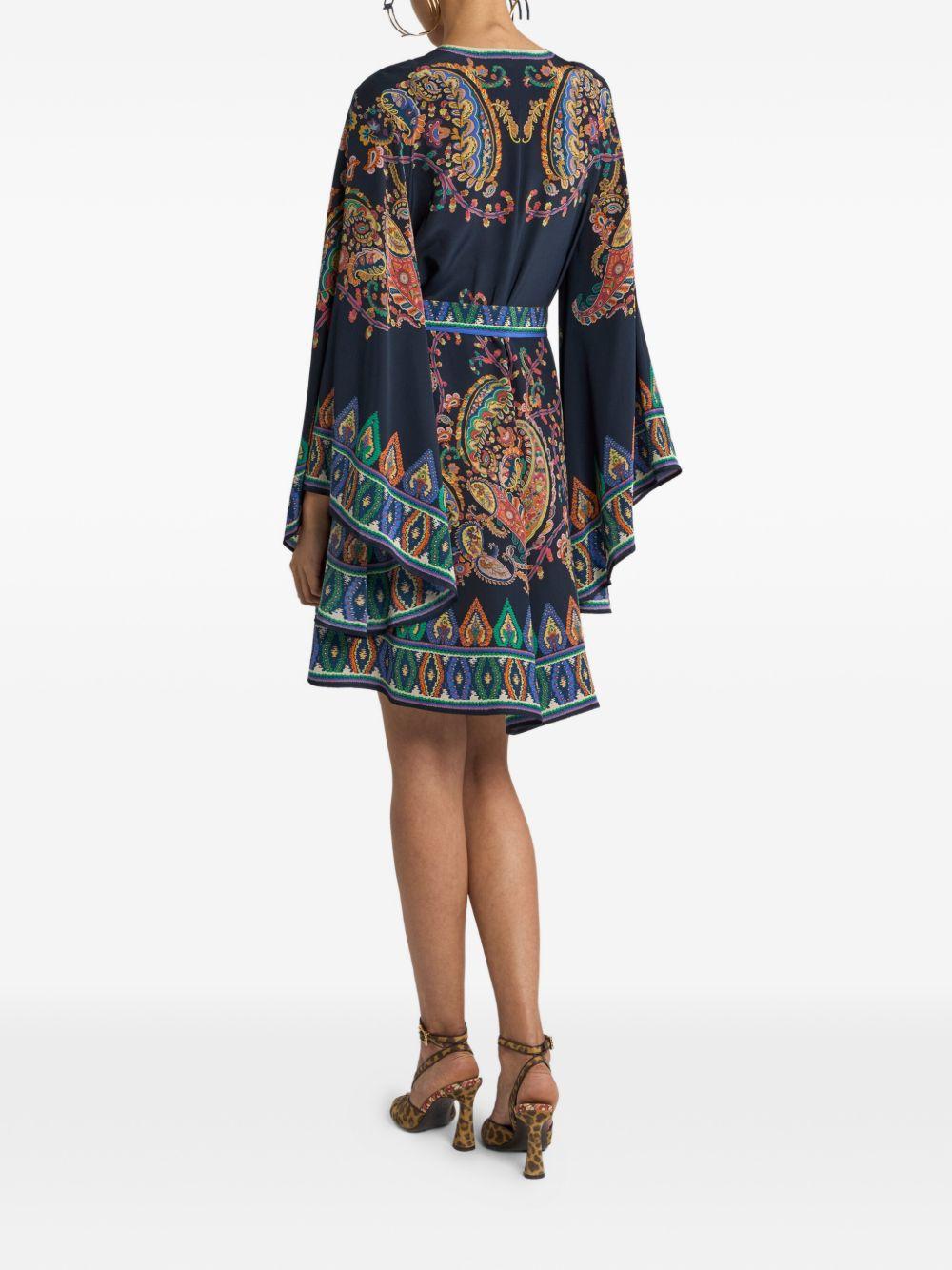 ETRO Abito mini blu in seta con cintura e stampa 