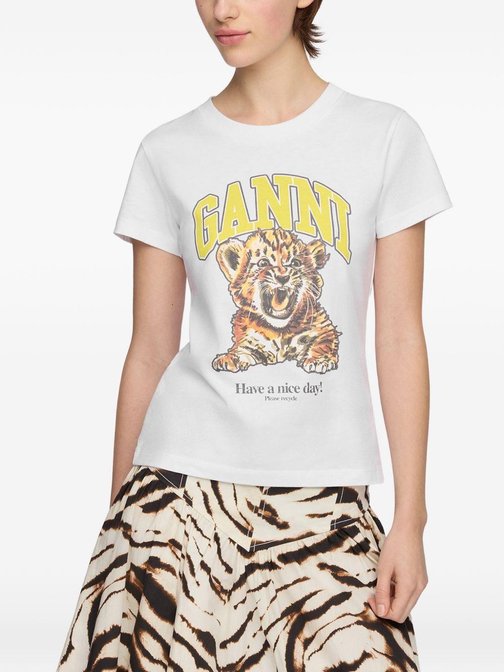 GANNI T-shirt bianca con stampa e logo girocollo 