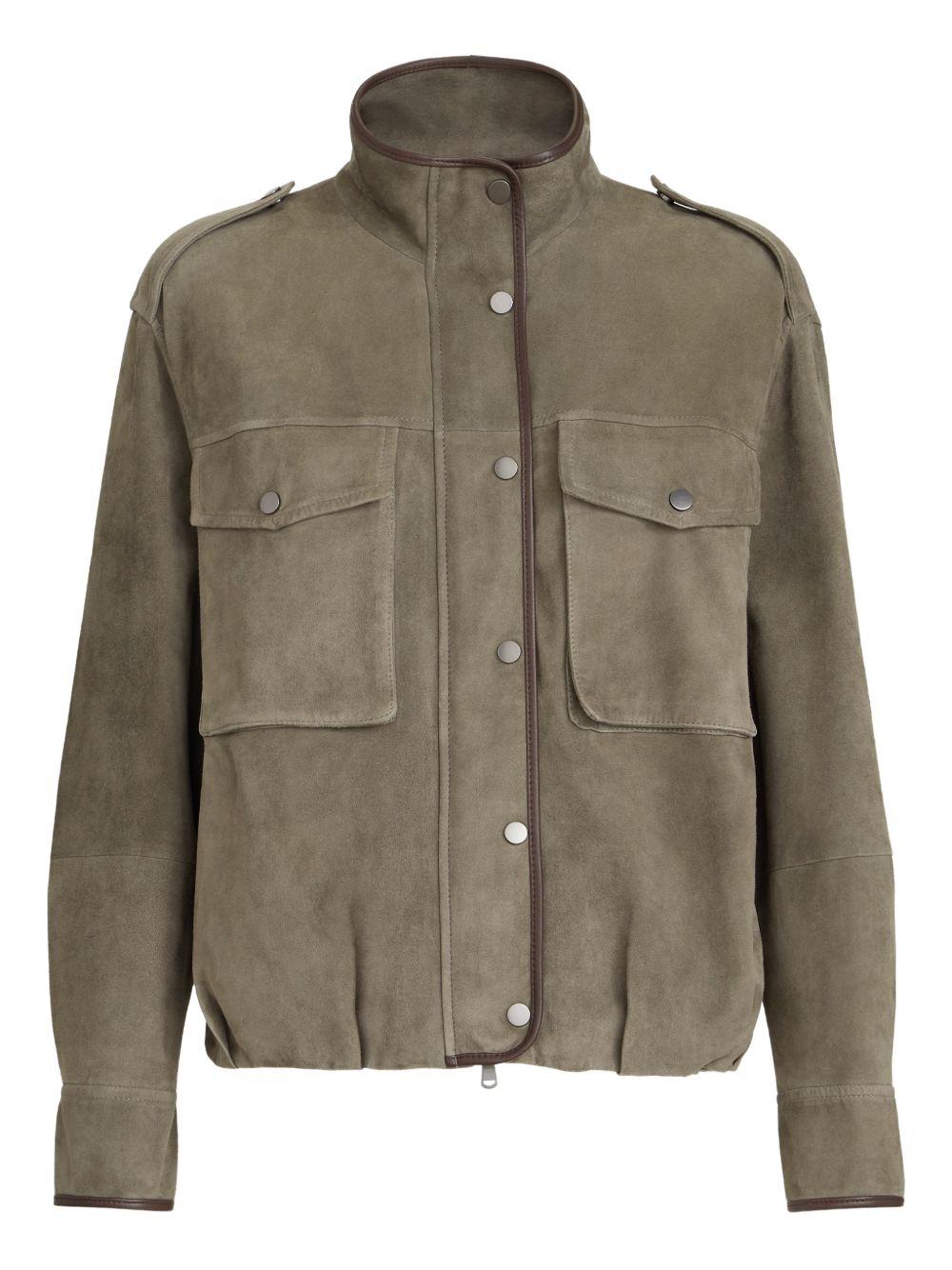 BRUNELLO CUCINELLI Giacca verde in suede con zip e bottoni 