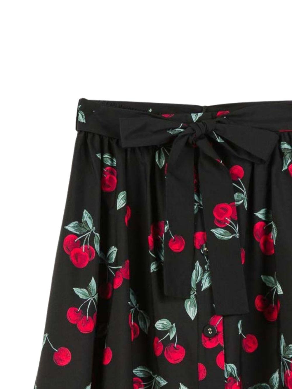 TWINSET Gonna midi in cotone con stampa ciliegie e fiocco in vita 