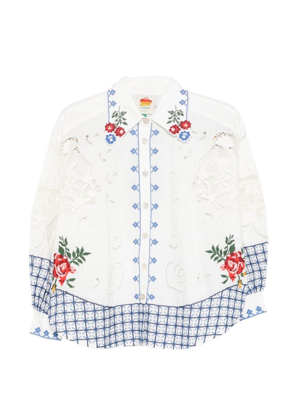 FARM RIO Camicia bianca con decorazioni a quadretti blu e fiori rossi 