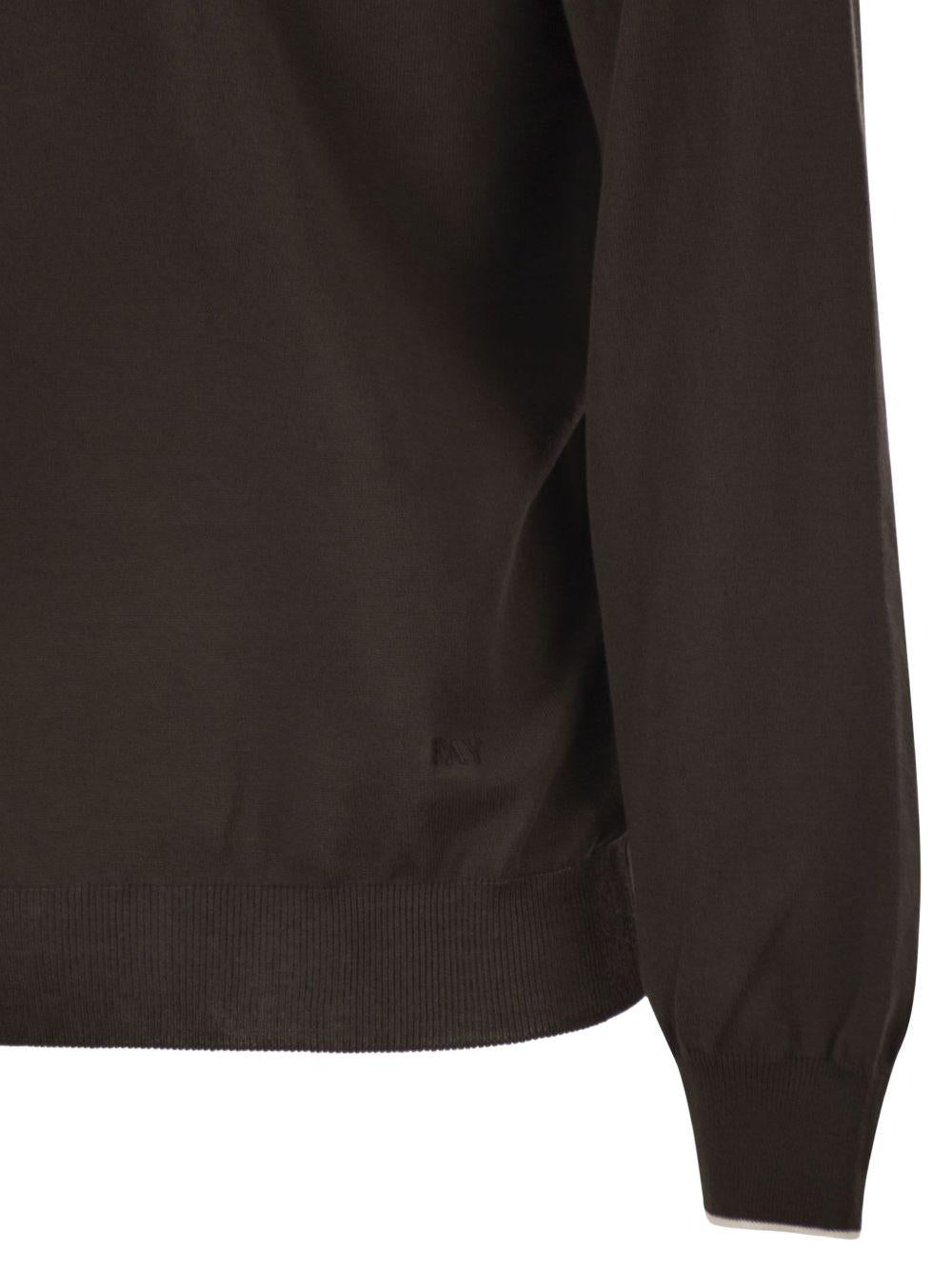 FAY Maglia in cotone marrone con scollo girocollo 